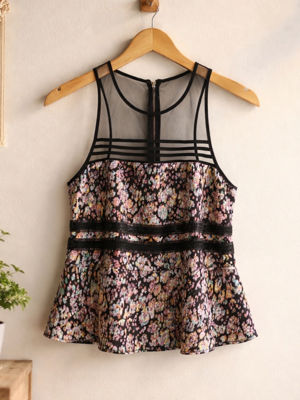 bebe Black Floral Mesh Yoke Peplum Camisole